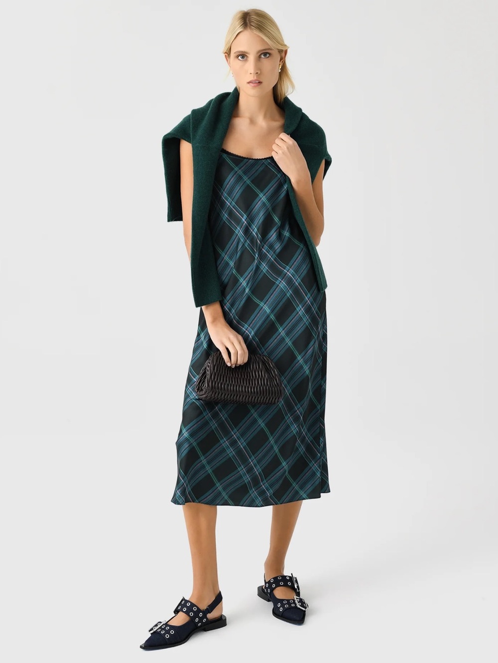 Green Vince Plaid Slip Midi Dress